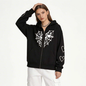 Women <b>Gothic</b> Spider Web Print Hoodie Black Full Sleeve Zipper Front Pocket Loose Fit Autumn Wear - Product Image 4