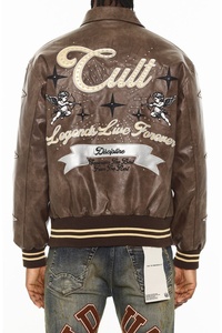 Men's Brown PU Leather Bomber Jacket Embroidered Letter C <b>Vintage</b> Style Turn-down Collar Zipper Closure - Product Image 5