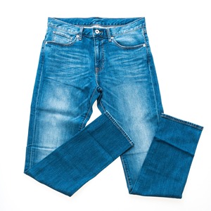 Jean en denim délavé coupe slim pour homme, jambe droite, taille haute, en coton léger, décontracté, bleu uni, pour l'hiver - Product Image 6