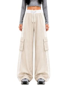Pantalon cargo ample beige sur mesure pour femme avec bandes latérales blanches, taille haute, coupe décontractée, style streetwear - Product Image 1