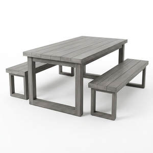 Ensemble de jardin moderne, 1 table à manger 220x100 et 2 bancs, bois de teck massif, finition grise, résistant aux intempéries, mobilier d'extérieur, 6 places - Product Image 1