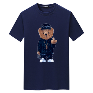 T-shirt blanc pour homme à col rond avec imprimé personnage d'ours, style streetwear, manches courtes, jersey de coton, coupe classique - Product Image 6