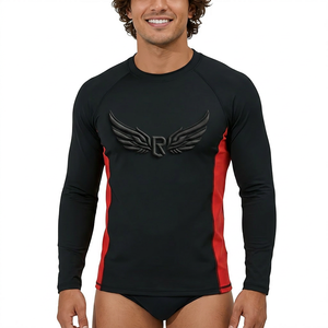 Men's <b>Black</b> Long Sleeve Rash Guard With Red Side Panels Embossed <b>Wing</b> Logo Quick Dry Compression Shirt - Product Image 4