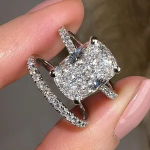 Moissanite <b>Cushion</b> Cut Engagement Ring Split Shank Double Band Silver Ring Luxury Bridal Jewelry - Product Image 6