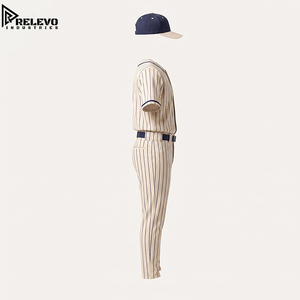 OEM Custom Cream and <b>Navy</b> Pinstripe Baseball Uniform Kit with <b>Cap</b> Designed for Sports Teams and Bulk Wholesale - Product Image 3