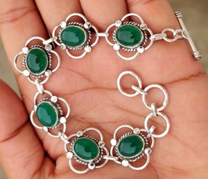 Pulsera de piedras preciosas de ónix verde natural, pulsera de eslabones florales chapada en plata hecha a mano para mujer, pulsera de cadena, pulsera para mujer - Product Image 3