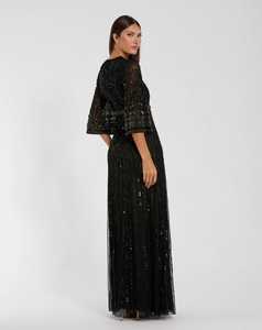Vestido de Noche Elegante Negro de Satén con Cuentas, Manga 3/4, Cuello Redondo, Estilo Tubo, Largo hasta el Suelo, Corte Imperio, Antiarrugas, con Patrón Geométrico - Product Image 2