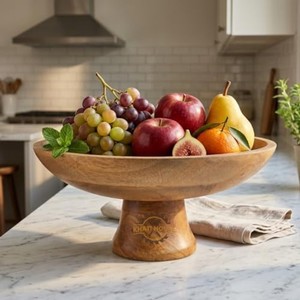 Handcrafted Walnut Wood Serving <b>Bowl</b> with Carved Pedestal Base - Wholesale - Product Image 3