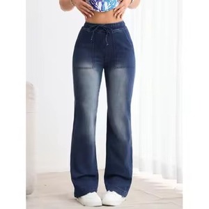 Hot-selling Endy Breathable Loose Casual Solid Denim <b>Elastic</b> Waist Drawstring Stretch Straight <b>Jeans</b> Women's - Product Image 1