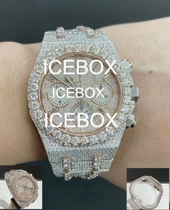 Montre-bracelet unisexe à boîtier rond en acier inoxydable et moissanite, cadran en verre entièrement serti, étanche 10 bars, fermoir de bracelet - Product Image 5