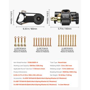Cinghie a cricchetto nere da 1,5 pollici di larghezza x 7,4 piedi di lunghezza per portascala, con attacco a tubo rotondo nero da 1,87-2 pollici, doppio J e gancio E-Track - Product Image 4