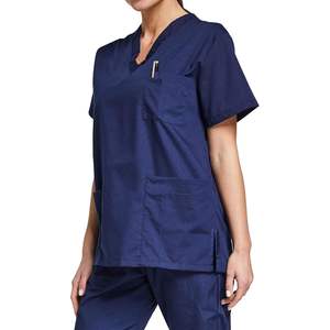 Haut de blouse médicale bleu marine à col en V pour femme avec poches, mélange coton et polyester, uniforme d'hôpital - Product Image 4