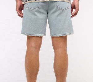 Shorts Bermuda en jean bleu clair pour homme, taille haute, fermeture boutonnée, couleur unie, décontracté, en coton tissé lavé, respirant - Product Image 5
