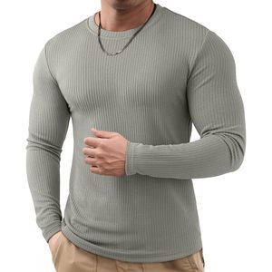 T-shirts à manches longues en tricot texturé à col rond décontracté pour hommes personnalisés T-shirts de musculation de sport pour hommes - Product Image 3