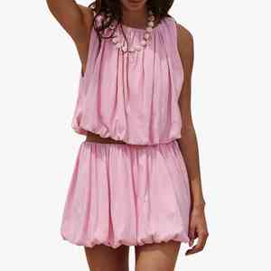 Conjunto de 2 Piezas para Mujer, Color Blanco, Top sin Mangas, Falda Plisada, Estilo Casual de Verano, Corte Holgado, Cuello Redondo, Color Sólido, Falda Burbuja de Algodón - Product Image 4