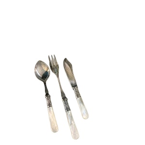Antique Victorian Mother Of Pearl <b>Handle</b> Cutlery Set English Silver Plated Engraved Fish Servers Collectible Vintage Flatware - Product Image 1