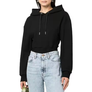 เสื้อครอปมีฮู้ดคอตตอน2025สีดำล้วนของผู้หญิงเสื้อครอปไม่มีฮู้ดคอตตอนไม่มีซิปปกสำหรับฤดูหนาวขายส่ง OEM 300-400กรัม - Product Image 5