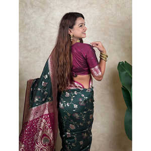 Sari en soie tissée Zari Banarasi Jaal Elite Weaves en vert bouteille 650g Vêtements indiens et pakistanais - Product Image 4