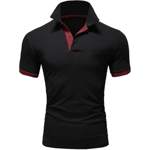 Polo Negro Ajustado para Hombre con Ribete en Contraste Rojo, Manga Corta, Informal, Tejido, Color Sólido - Product Image 1