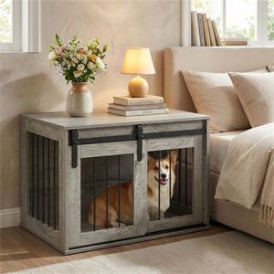 Mueble Jaula para Perros de Madera Gris de 31.5 Pulgadas con Puerta Corredera, Caseta Interior para Mascotas, Mesa Auxiliar - Product Image 2