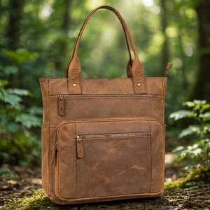 Bolso Tote de Cuero Genuino, Estilo Clásico, Gran Capacidad, Cierre de Cremallera, Unisex, Uso Diario, Color Marrón, Dos Asas - Product Image 3