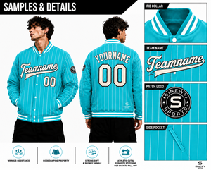 SINEWY SPORTS Veste universitaire unisexe hiver grande taille à rayures turquoise, personnalisable avec nom et numéro par impression par sublimation - Product Image 6
