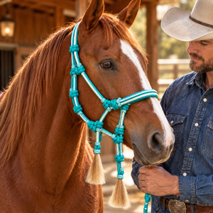 Harnais en corde tressée avec design noué et pompons en crin de cheval |   Équipement équestre occidental durable pour l'entraînement et l'utilisation à la ferme - Product Image 3
