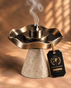 Brûleur à Bakhoor en Pierre de Travertin avec Plateau Rond en Métal Bronze, Porte-Encens Arabe à Plusieurs Niveaux, Encensoir de Luxe - Product Image 1