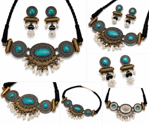 Parure de bijoux choker bicolore en laiton plaqué or antique, style bohème, avec cristaux et strass, pour fêtes, fiançailles et mariages, pour amoureux, pièce maîtresse - Product Image 5