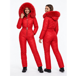 Custom <b>Women</b>’s <b>One</b> <b>Piece</b> <b>Ski</b> <b>Suit</b> Faux Fur Hood Quilted Belted Waterproof Windproof Thermal Winter Snowboard Snow Jumpsuit - Product Image 2