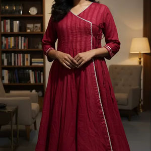 Robe Kurti Angrakha en coton pour femmes, couleur bordeaux, vêtements ethniques indiens traditionnels, avec nœud latéral, fabriquée à la main, protection solaire, robe longue pour les fêtes - Product Image 1