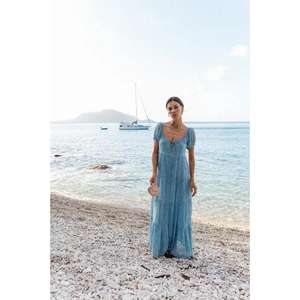 เดรสยาวพิมพ์ลายดอกไม้สไตล์โบฮีเมียนสำหรับผู้หญิง คอวี แขนพอง ทรงปกติ ผ้าฝ้าย 100% ลายมัดย้อม เหมาะสำหรับฤดูร้อนและวันพักผ่อนริมชายหาด - Product Image 4