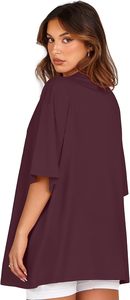 T-shirt pour femme à manches courtes, col rond, imprimé floral bordeaux, coupe ample, décontracté, printemps-été, 100% coton jersey - Product Image 4