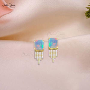 Trending Hot Product Natural 10mm Square Octagon Cut Ethiopian Opal <b>Drop</b> Earrings with 14k Solid Gold Diamond Push <b>Back</b> Earrings - Product Image 6