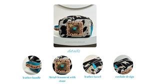 Large-Capacity Portable Genuine Cowhide Leather for <b>Toiletry</b> <b>Bag</b> Hand Tooled Turquoise Stone Accent <b>Women's</b> Cosmetic <b>Bags</b> Cases - Product Image 3