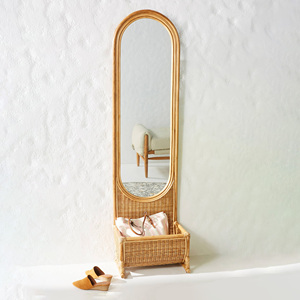 Boho rattan <b>standing</b> <b>mirror</b> with storage basket handmade <b>floor</b> & wall <b>mirrors</b> cheapest price - Product Image 1