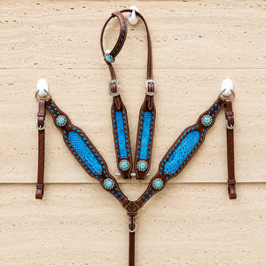 Ensemble de têtière et de peitorale pour cheval en cuir western de qualité supérieure, avec points de couture Buck Stitch et conchos turquoise, confortable, durable, personnalisable - Product Image 1