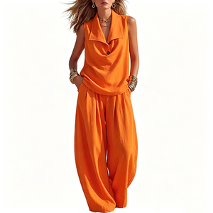 Conjunto de 2 Piezas para Mujer, Top Corto sin Mangas con Cuello en V y Pantalones Anchos, Estilo Minimalista para Vacaciones de Verano o Crucero - Product Image 1