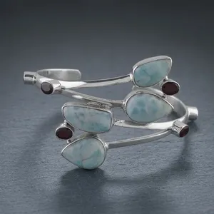 925 Sterling Silver Larimar Cuff Bracelet Natural Blue Larimar with Garnet Accents Handmade Statement Bangle Jewelry - Product Image 4