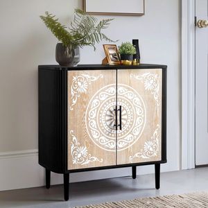 FCH Carved Pattern MDF Sideboard High Feet Oval Tabletop Curved Side Frame Door Panel Spray Painted Cabinet Body Polished - Product Image 1