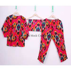 Conjunto de Pijama de Verano para Mujer, Hecho a Mano, 100% Algodón, Estampado Ikat, Ecológico, Transpirable, Elegante, Suave, Ropa de Dormir con Características Térmicas - Product Image 5