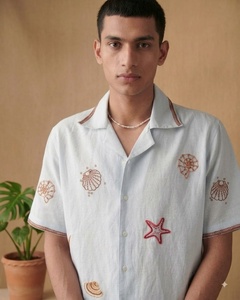 <b>Men</b> WHITE Cotton Poplin Full Sleeve <b>Shirt</b> With Hand Embroidery Floral Pattern Turn-down Collar Casual Spring Wear Breathable - Product Image 2