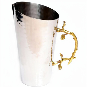 Stylish Fancy Unique Designer Hammered Texture Silver Shiny Polished Heavy Duty Metal Drinkware Fancy <b>Jug</b> With Golden Handles - Product Image 1