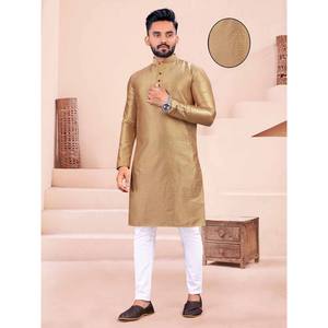 BODA OCASIÓN ESPECIAL TELA COLECTIVA DE ALGODÓN CON TRABAJO DE TEJIDO JACQUARD KURTA + PIJAMA DORADO - Product Image 1