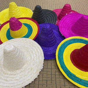 หมวกสานทรงโซมเบรโรปักโลโก้ลายหลากสีพร้อมขอบปอมปอม - สำหรับผู้ใหญ่ทุกเพศ ปรับขนาดได้ เหมาะสำหรับงานเทศกาลและวันหยุด - Product Image 1