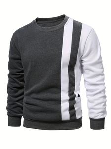 Sweat-shirt à col rond pour homme de qualité supérieure, à blocs de couleur, noir et blanc, à rayures verticales, en molleton de coton, streetwear, mode décontractée - Product Image 3