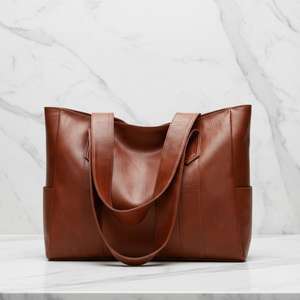 Sac fourre-tout décontracté minimaliste pour femme en cuir véritable, avec fermeture éclair, imperméable, grande capacité, sac à bandoulière quotidien, noir, marron - Product Image 3