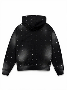 Sweat à capuche unisexe épais noir délavé avec strass, finition délavée, épaules tombantes, poche kangourou, style streetwear - Product Image 2