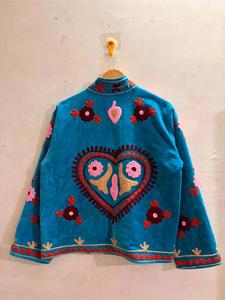 <b>Women</b> Blue <b>Velvet</b> Embroidered Suzani <b>Jacket</b> with Multicolor Floral Pattern Full Sleeve Stand Collar Boho Winter Coat - Product Image 3