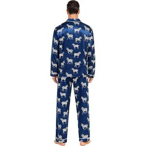 Pijamas de seda para hombre, conjunto de ropa de dormir de satén azul con estampado animal de manga larga, ropa informal de primavera - Product Image 2